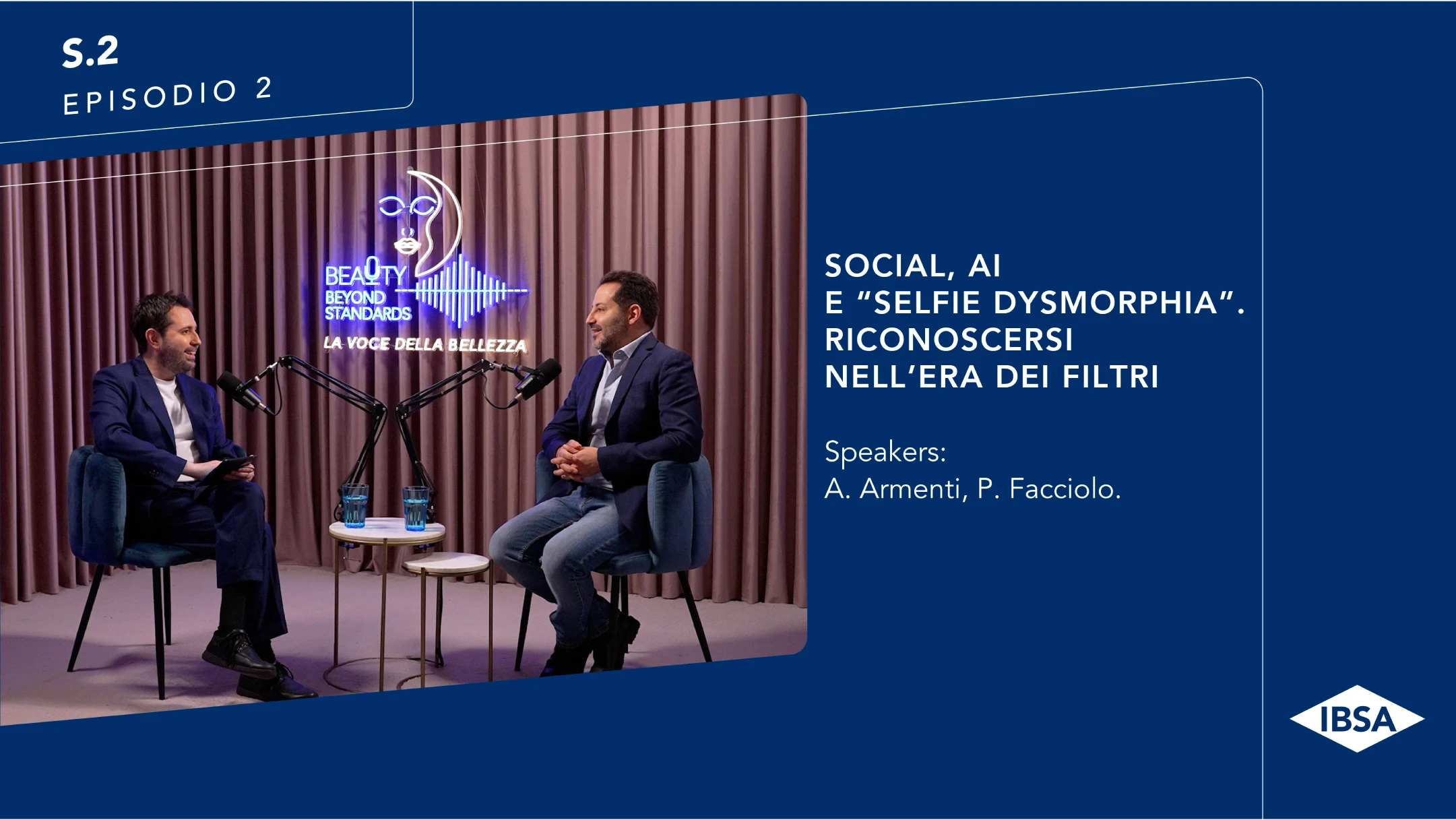 <p class="s3"><span class="s4"><strong>EPISODIO 2</strong> – </span>Tra social, filtri e percezione: quanto è autentico ciò che vediamo?⁣</p>
<p class="s3">Nel secondo episodio della seconda stagione di <span class="s5">Beauty Beyond Standards</span>, Patrick Facciolo insieme al dott. Andrea Armenti approfondisce il rapporto tra immagine, percezione e identità.⁣</p>
<p class="s3">In un contesto in cui i social amplificano modelli estetici e aspettative, il rischio è quello di confondere il desiderio con il bisogno.<br />
La medicina estetica è chiamata oggi a un ruolo più consapevole: non solo rispondere a una richiesta, ma guidare il paziente nella comprensione di sé.⁣</p>
<p class="s3">L’immagine che inseguo mi rappresenta davvero, o è solo il riflesso di uno sguardo esterno?</p>
